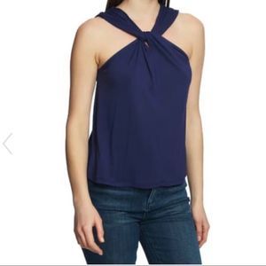 I State Sz XS Navy Twist Neck Knit Top